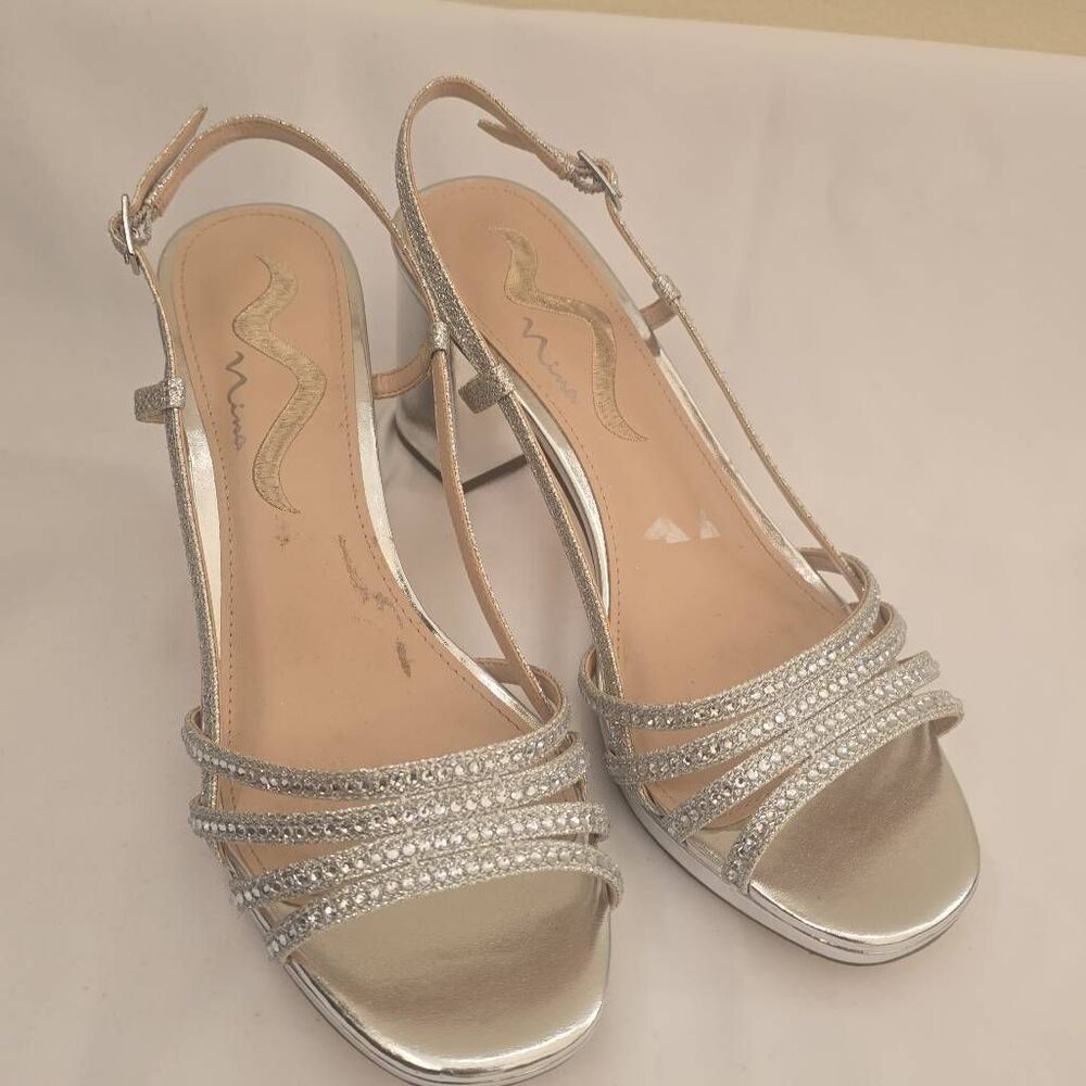 Nina Silver/Rhinestone Blanche Sandal,Block Heel, NEW, SIZE 9, Worn Once